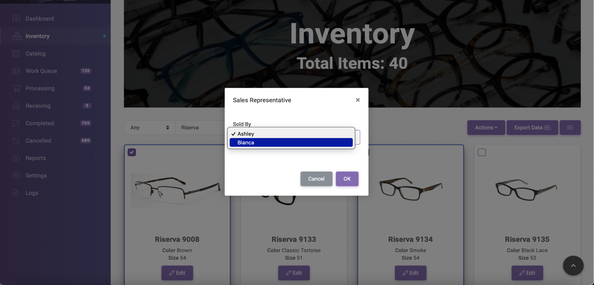 Probe Inventory Page Mark as Sold Sales Rep Selection