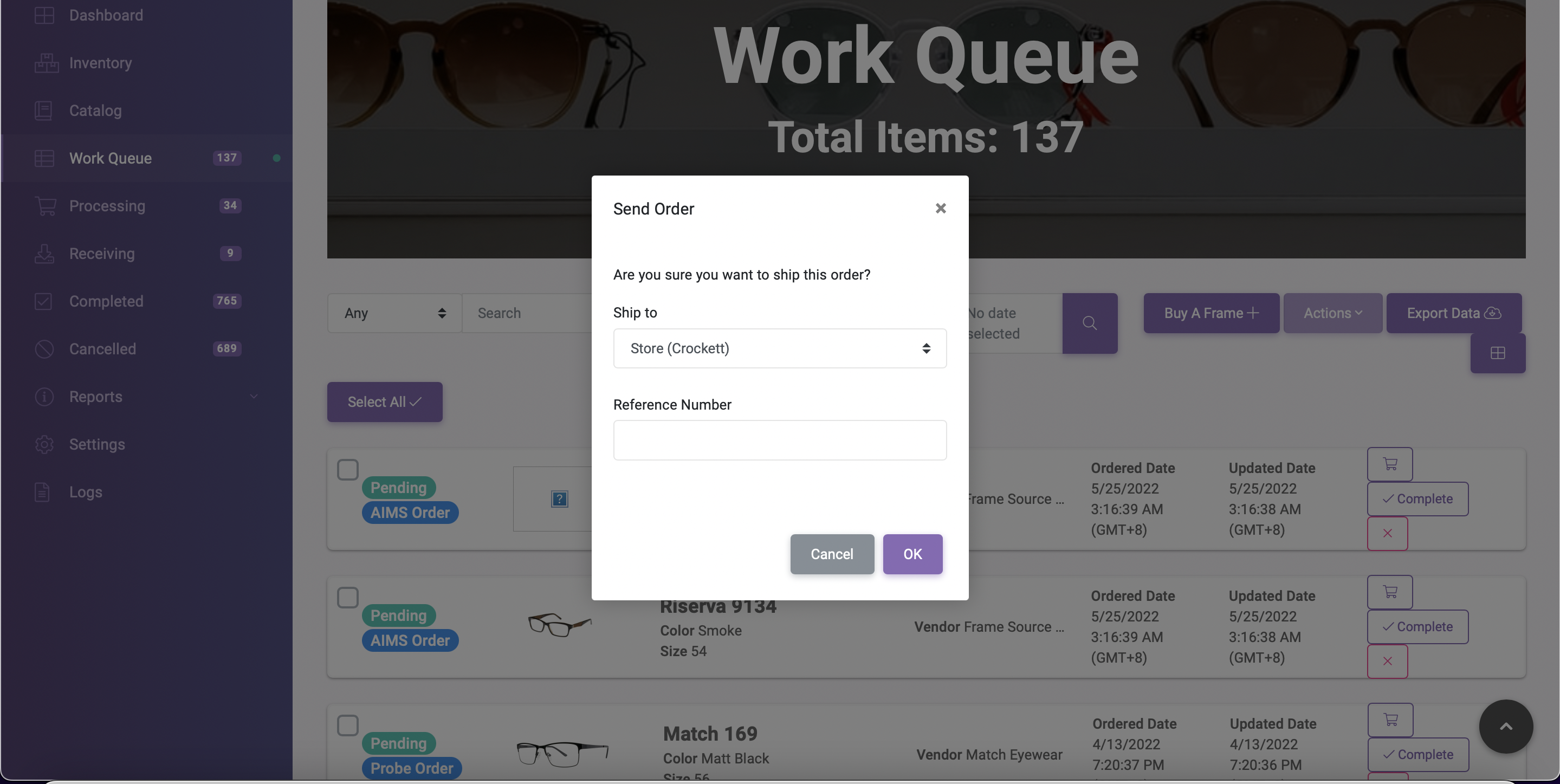Probe Work Queue Send Order Shipping Popup