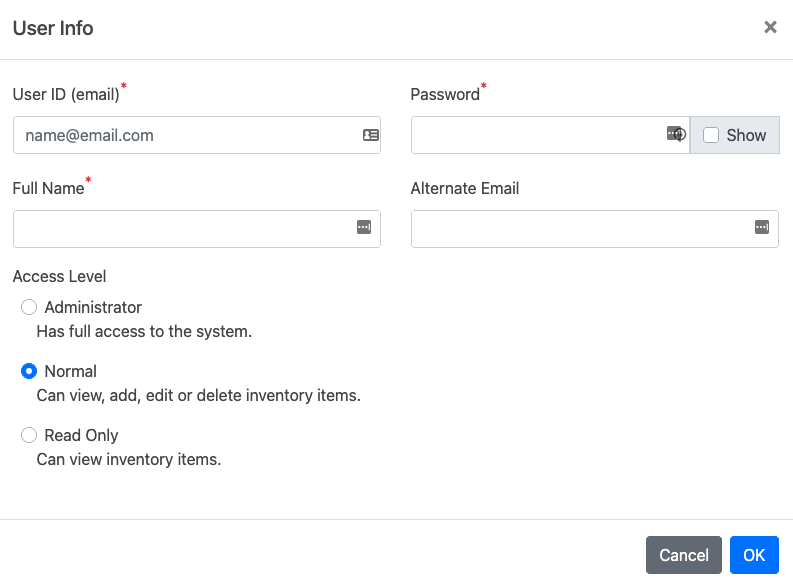 User Info Modal