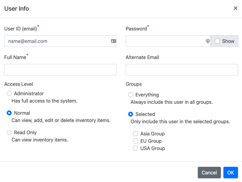 User Info Modal with Groups